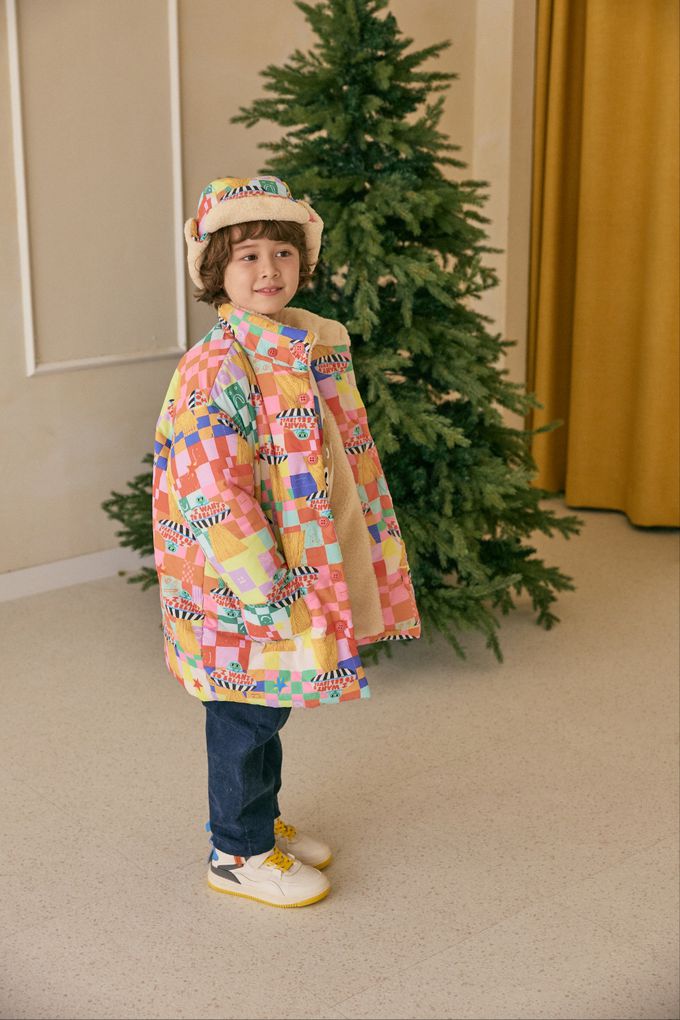 韓國 Mimico - (附帽子)格子飛行船羊羔絨外套-米色內裡