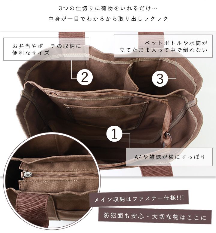 日本 LIZDAYS - 大容量多夾層帆布托特包(底部IC卡設計)-深咖啡 (36x26x13cm)