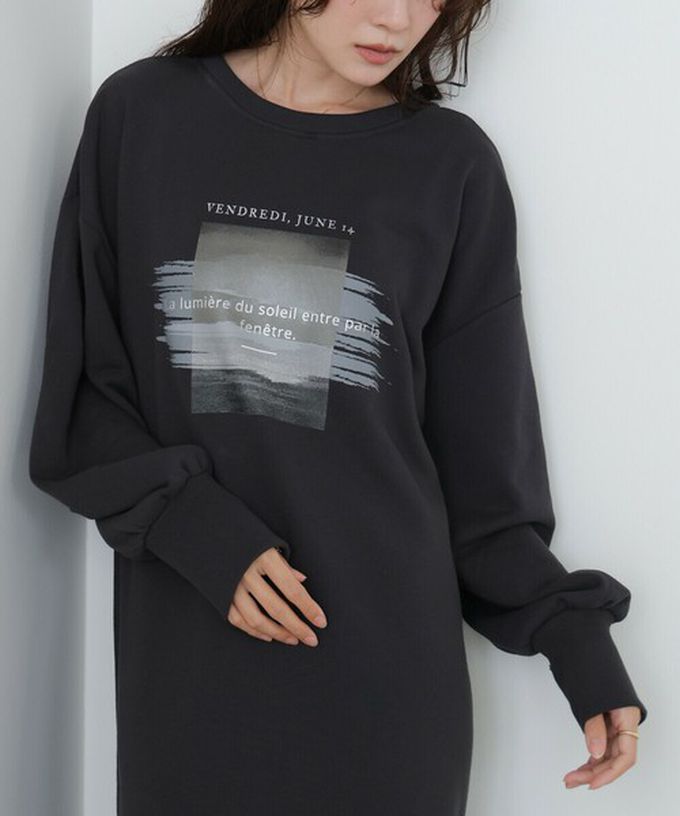 日本 Bab - 前後2way魚尾下擺休閒印花長袖洋裝-淺灰