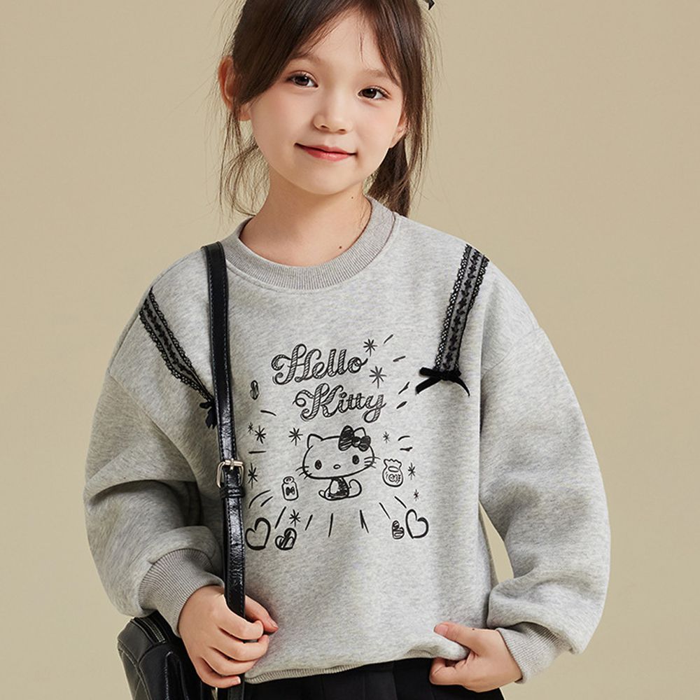 加絨蕾絲蝴蝶結長袖上衣/大學T-卡通人物Hello Kitty-灰色
