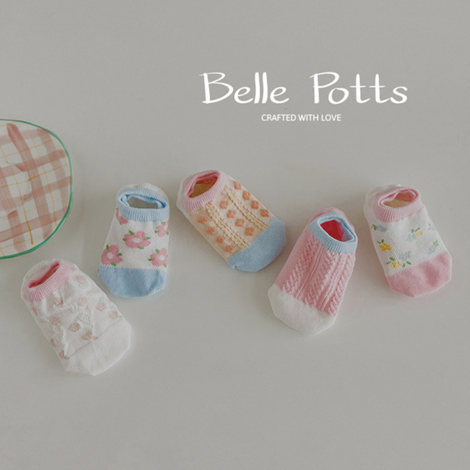 love, charlotte - 馬卡龍色粉嫩小花網眼隱形棉襪-5 雙一組