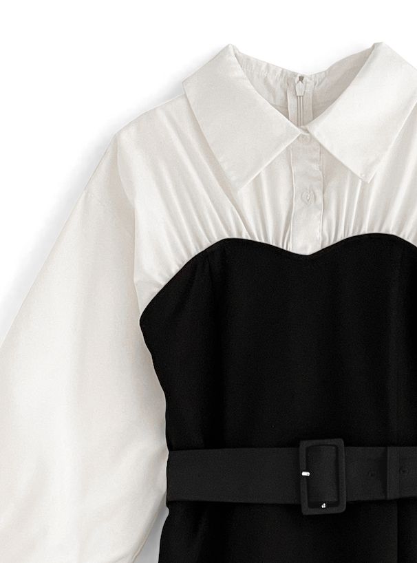 日本 GRL - 桃心領拼接魚尾洋裝(附腰帶)-黑白