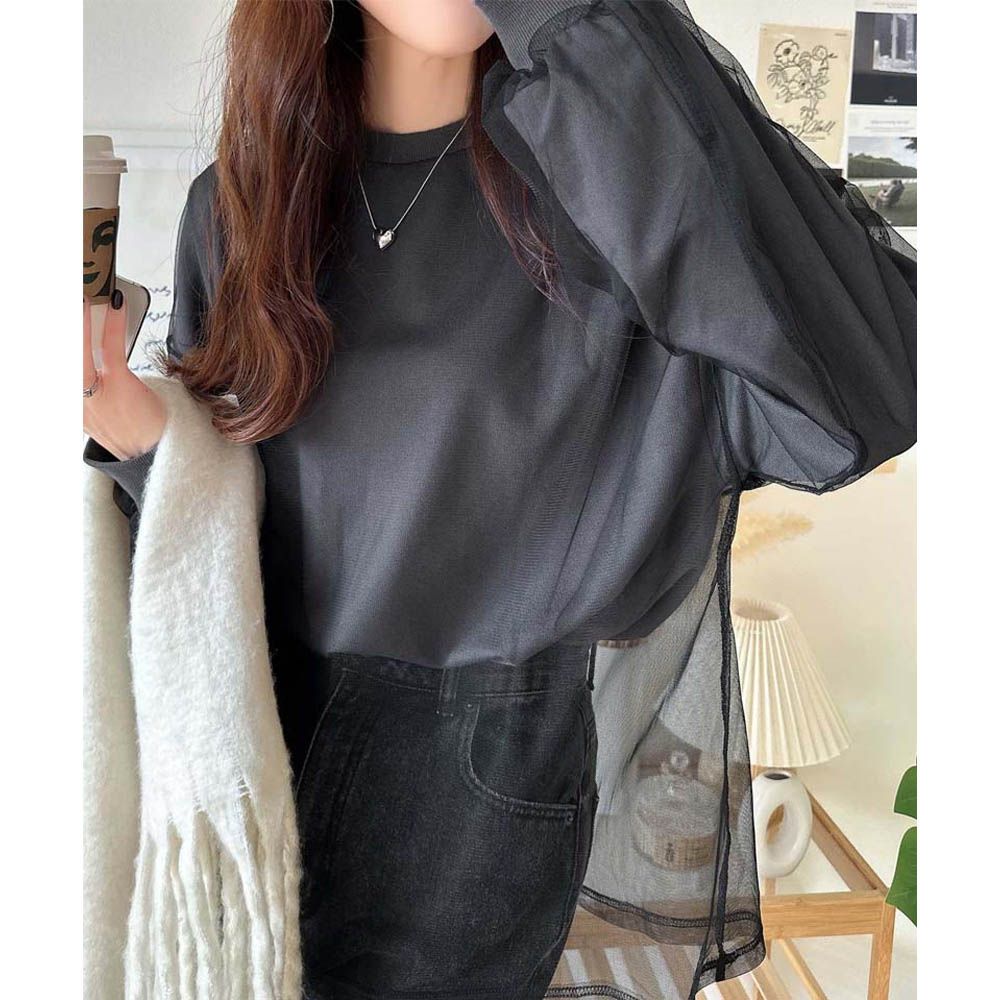 Java 透膚薄紗層次長袖上衣-背後標籤印花-炭灰