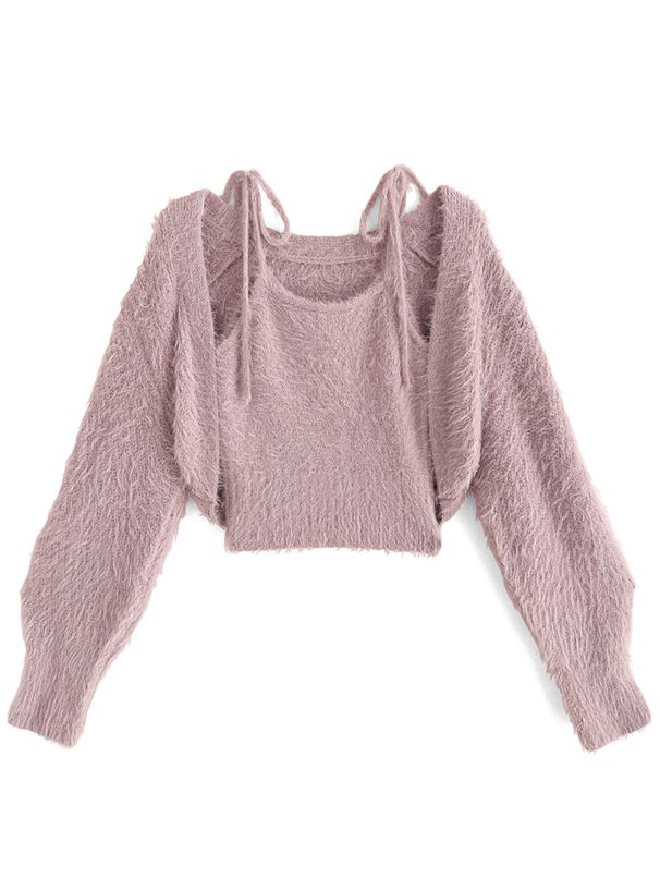 日本 GRL - 時尚毛絨綁帶背心x針織小外套兩件組-時尚黑 (F)