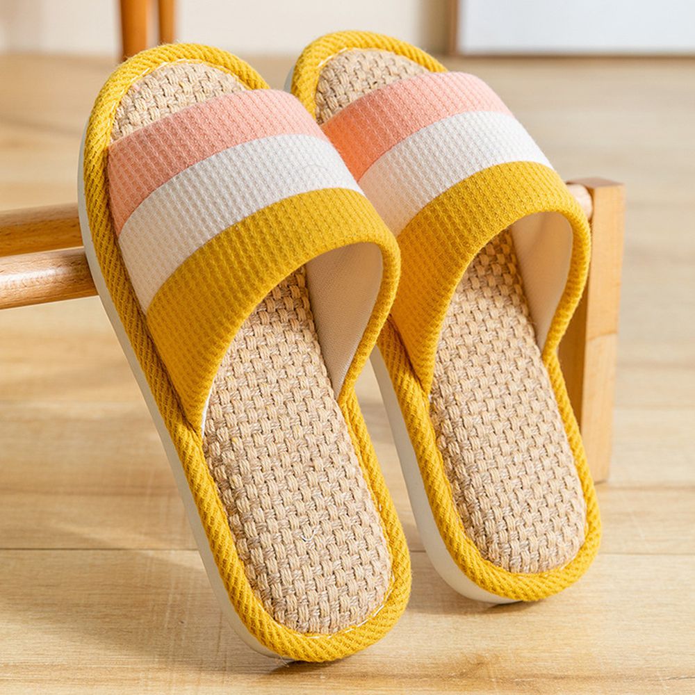 亞麻室內拖鞋-拼色-黃色