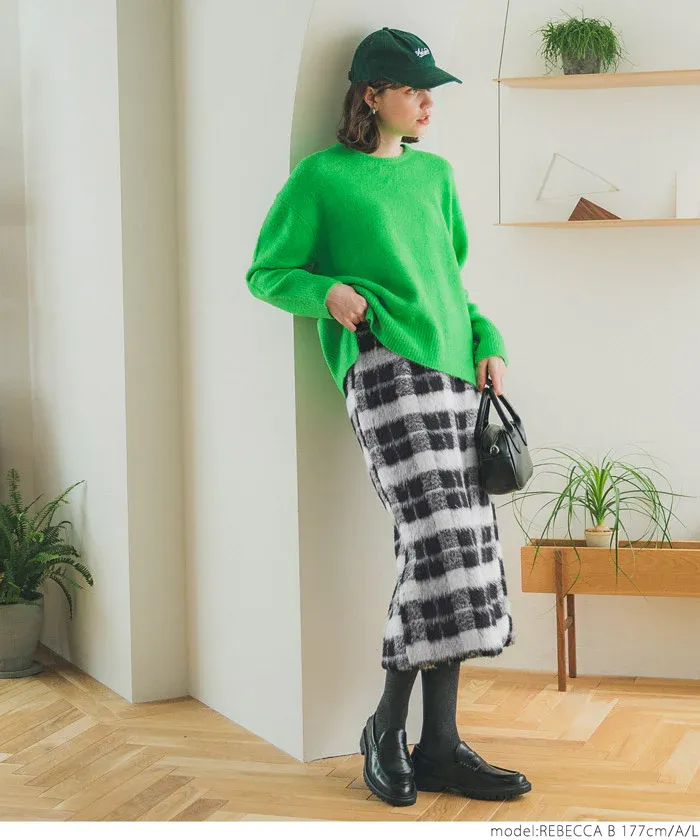 日本 COCA - 慵懶毛呢格紋鬆緊長裙-綠米