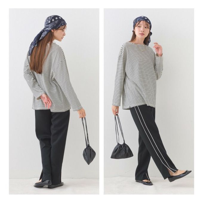 日本 OMNES - 100%棉 經典款細條紋長袖上衣-白底灰藍條紋