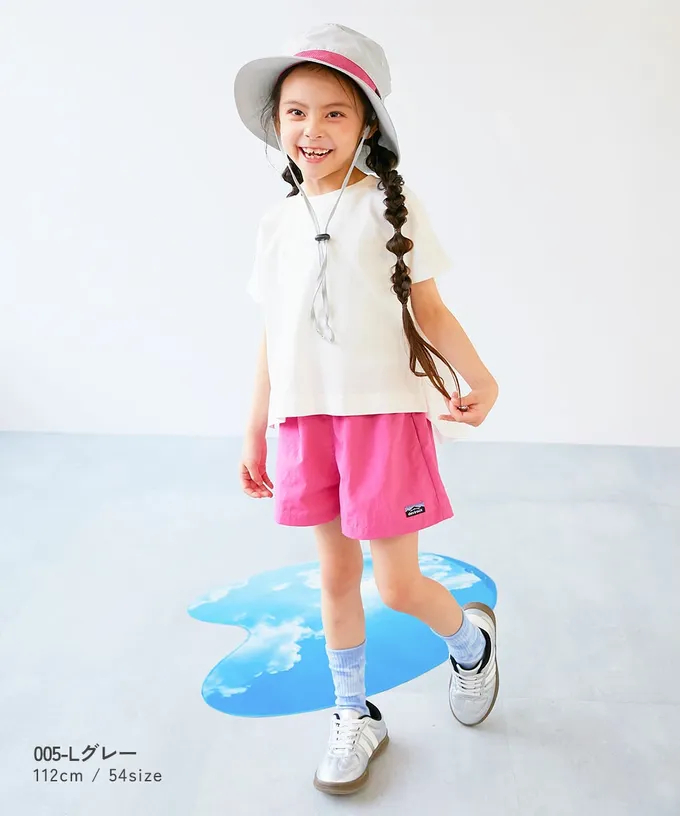 日本 devirock - UVcut 防潑水蓋脖遮陽帽(可親子裝)-淺灰x桃紅