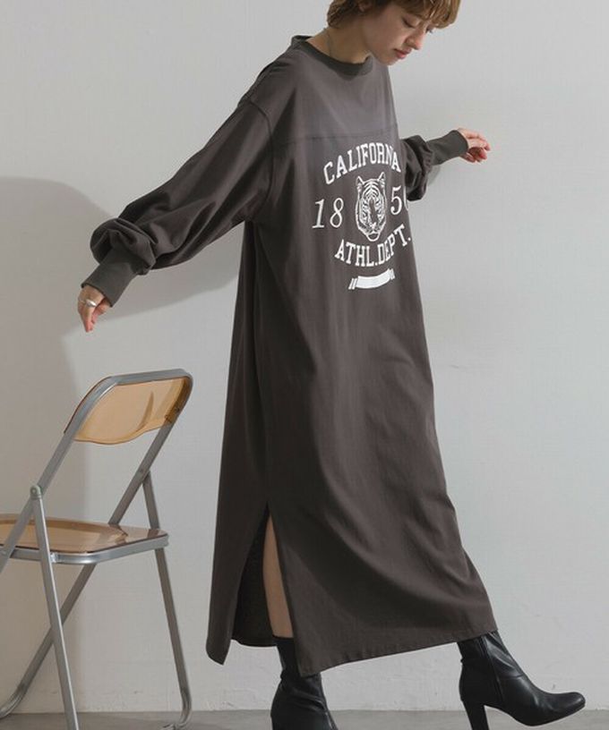 日本 Lupilien - 帥氣老虎印花側開叉長袖洋裝-灰棕