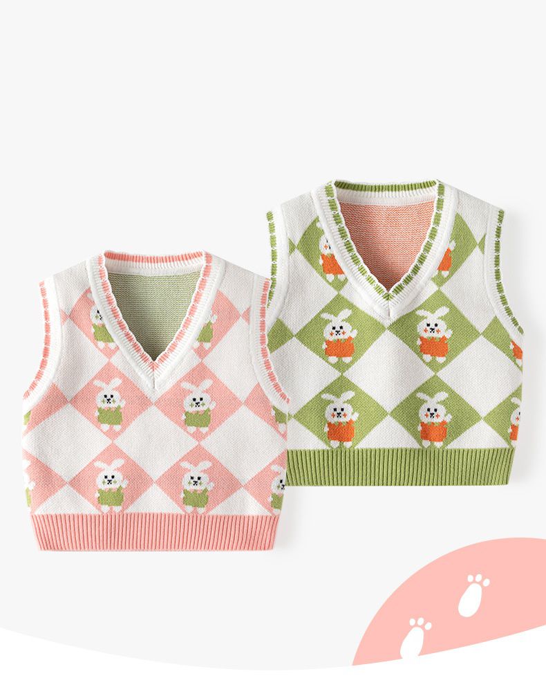 舒適V領百搭針織背心-格紋兔兔-粉色