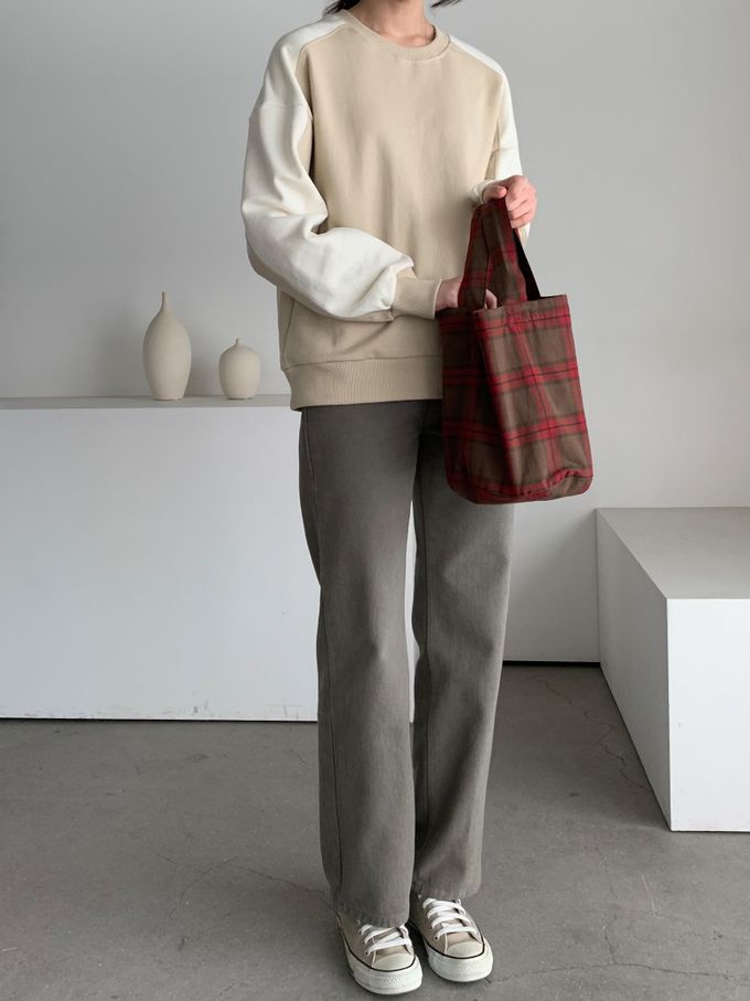 韓國女裝連線 - 撞色設計內磨毛大學T-卡其X米白 (FREE)