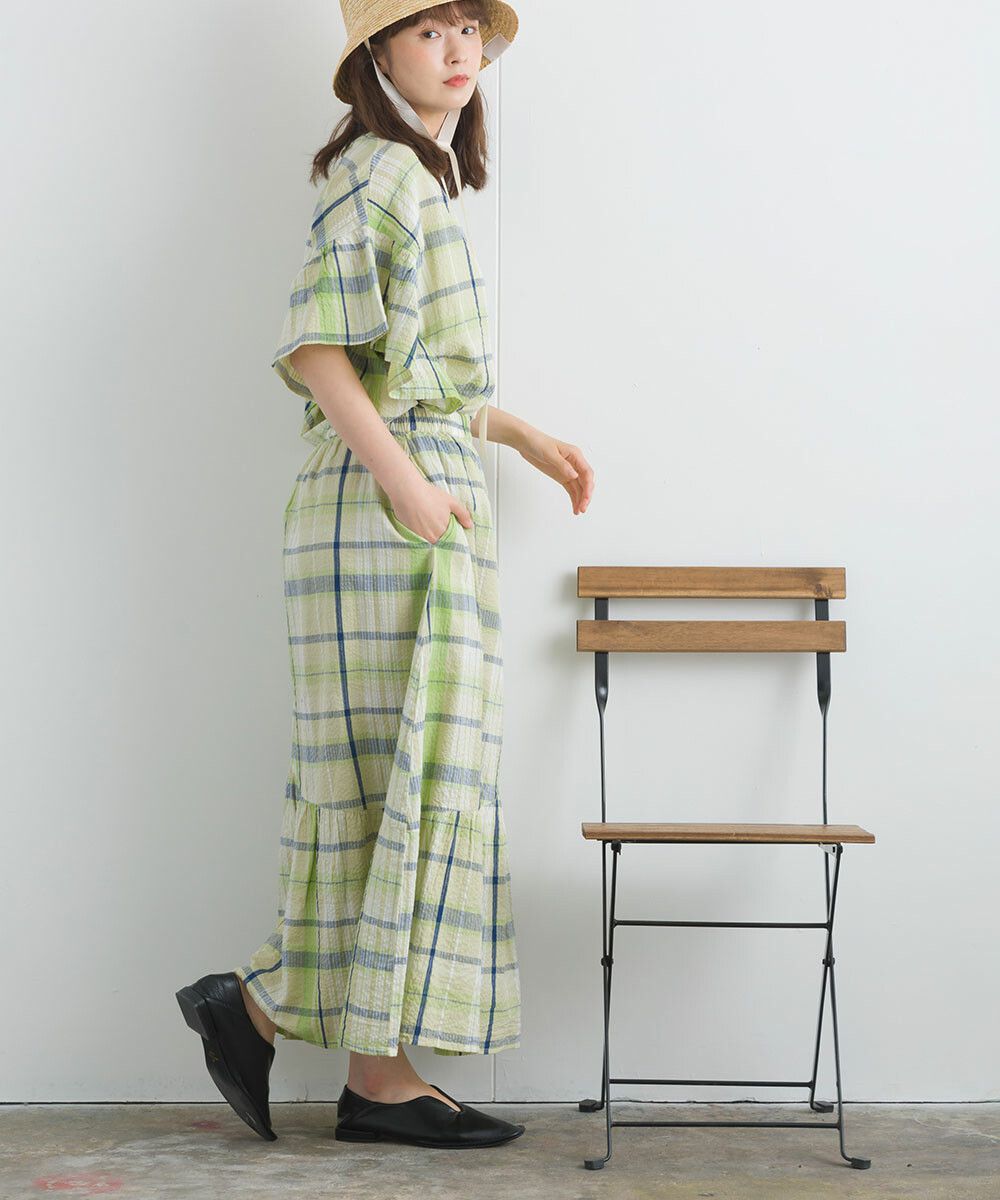 日本女裝代購 - 100%印度棉 超透氣飄逸長裙-大格紋-淺米杏