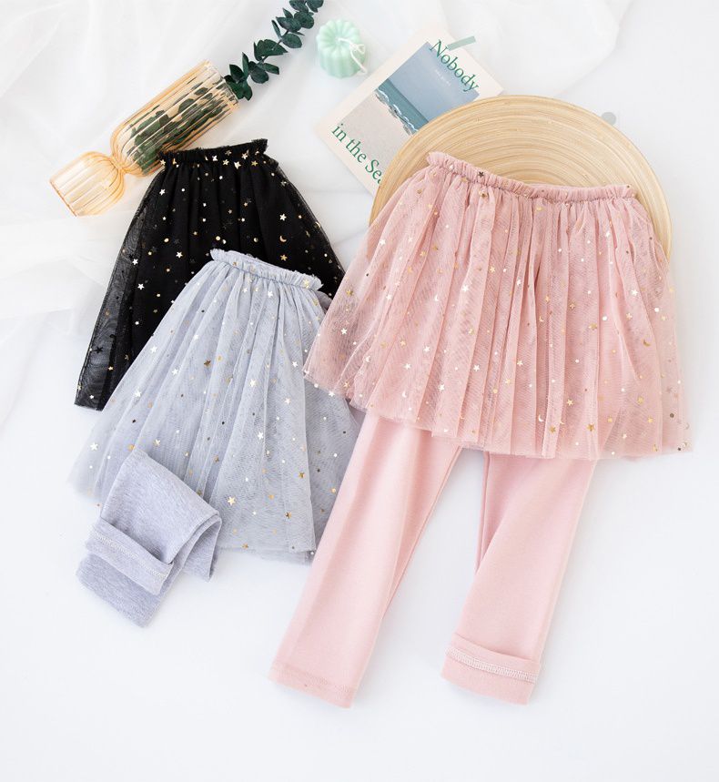 FANMOU - 假兩件亮片紗裙褲裙-星星亮片-黑色