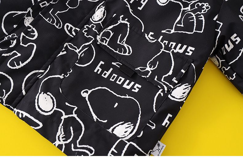 卡通人物史努比加絨連帽防風外套/衝鋒外套-滿印SNOOPY-藍綠色