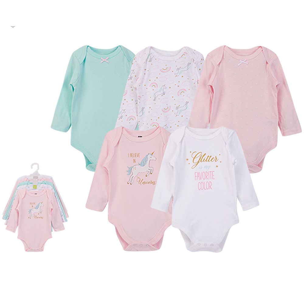 美國 Luvable Friends - 甜蜜寶貝嬰幼兒100%純棉長袖包屁衣5件組-尋夢獨角獸