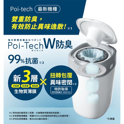 Poi-Tech雙重防臭尿布處理器-棉花白-+膠捲3入