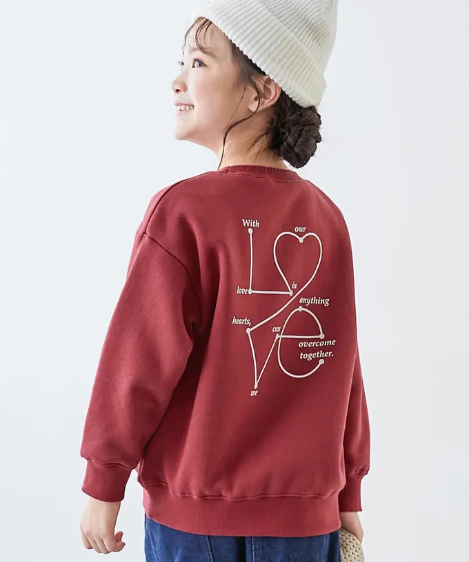 日本 devirock - 熱銷定番 裏起毛女孩印花大學長袖上衣-LOVE-酒紅