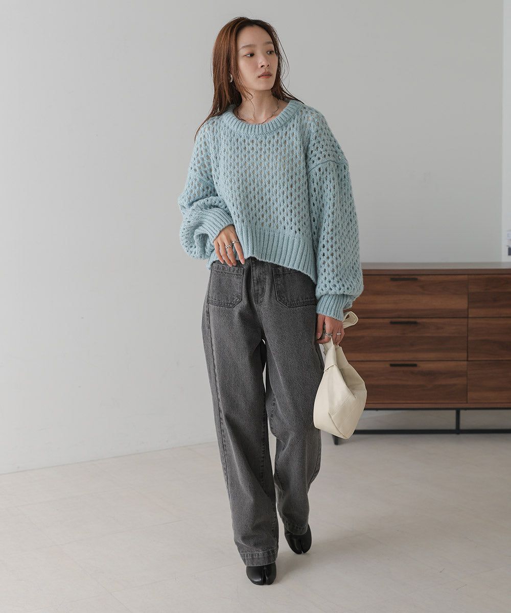 日本 Bab - 混羊毛設計感網格針織上衣-摩卡