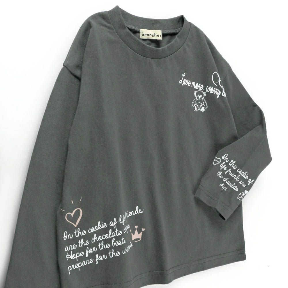 100%棉 可愛女孩印花長袖上衣-手寫筆記-炭灰