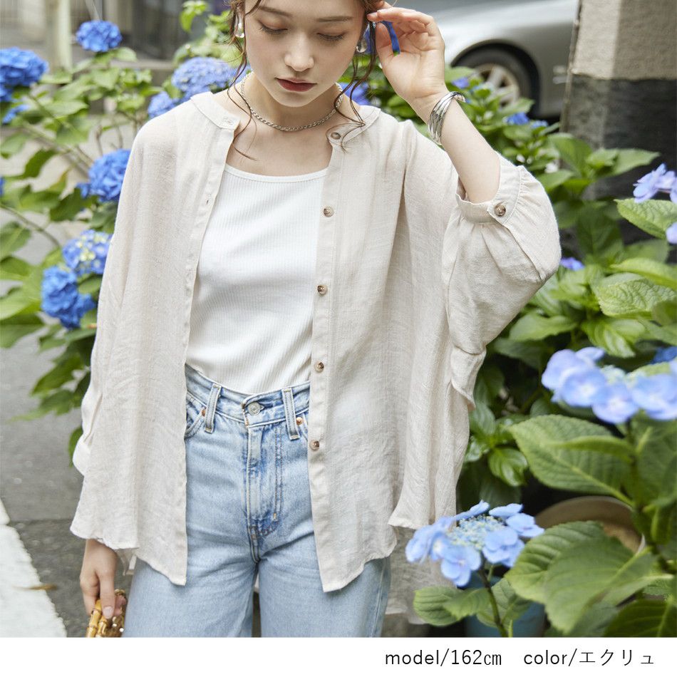 日本 Rejoule - 嫘縈混層次微透膚薄外套/襯衫-奶油杏