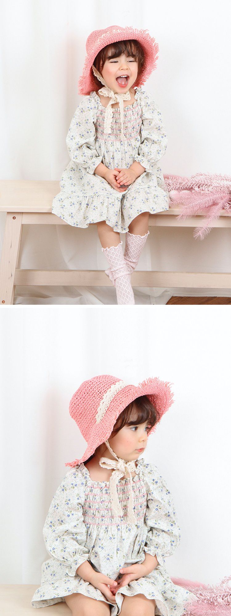 韓國 Babyblee - 鬚邊蕾絲大草帽-玫瑰粉 (頭圍：51-53cm)