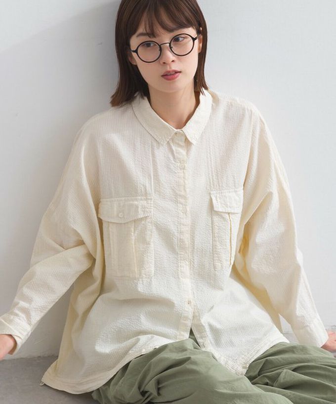日本 Lupilien - 復古紋理率性抽繩純棉落肩襯衫-米白
