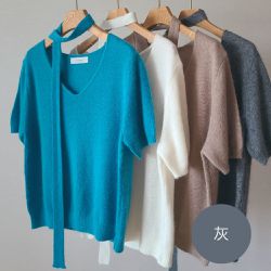 韓國女裝連線 - 繞頸繫帶設計感混羊毛短袖針織衫-灰 (FREE)