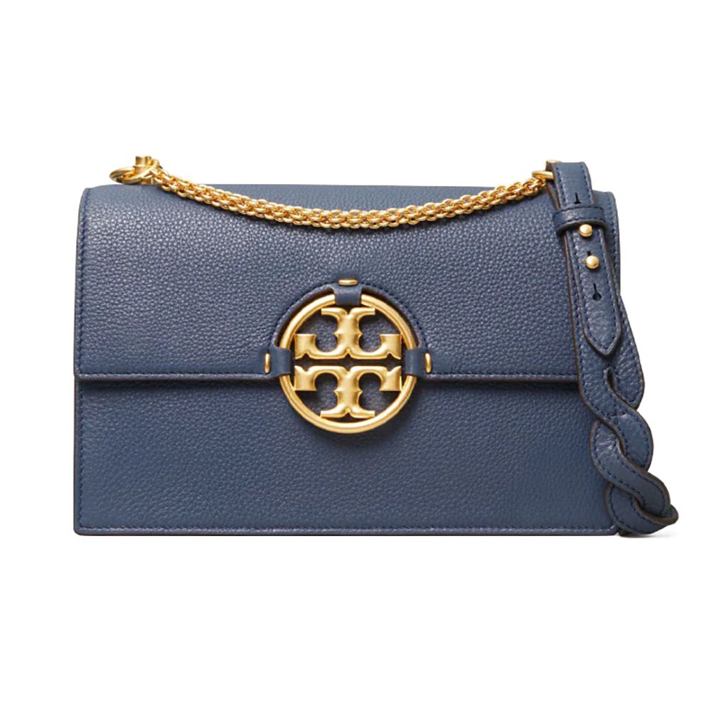 Tory burch - 經典LOGO皮革翻蓋肩背包 (深藍)