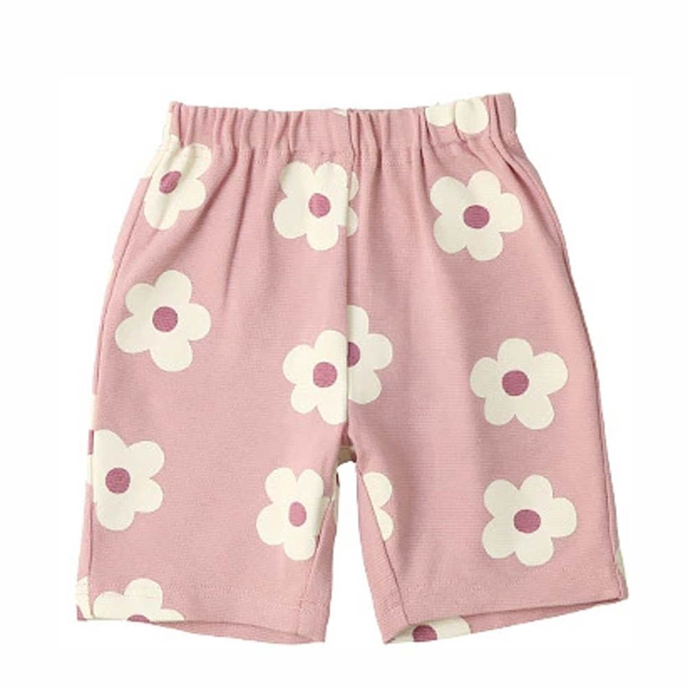 百搭印花彈力休閒短褲-花朵-粉紅