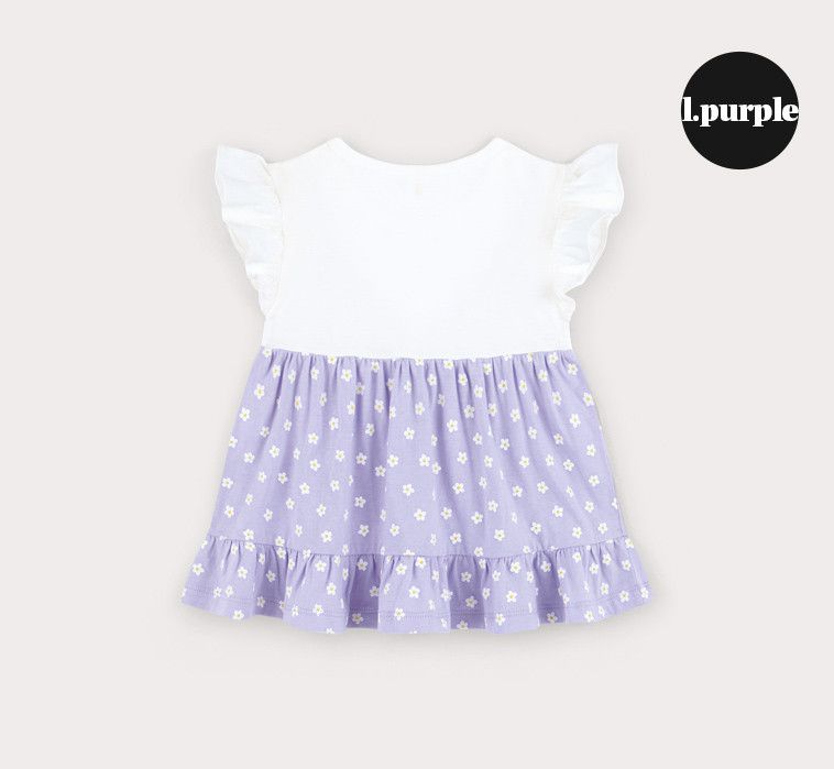 韓國 HEJMINI - 假兩件小白花荷葉下擺上衣