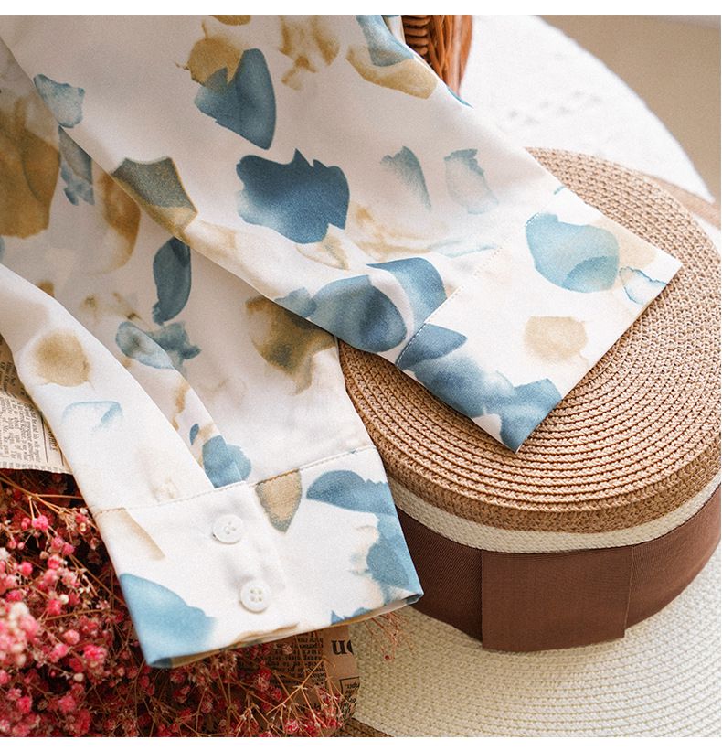 法式水墨印花長袖襯衫-藍色