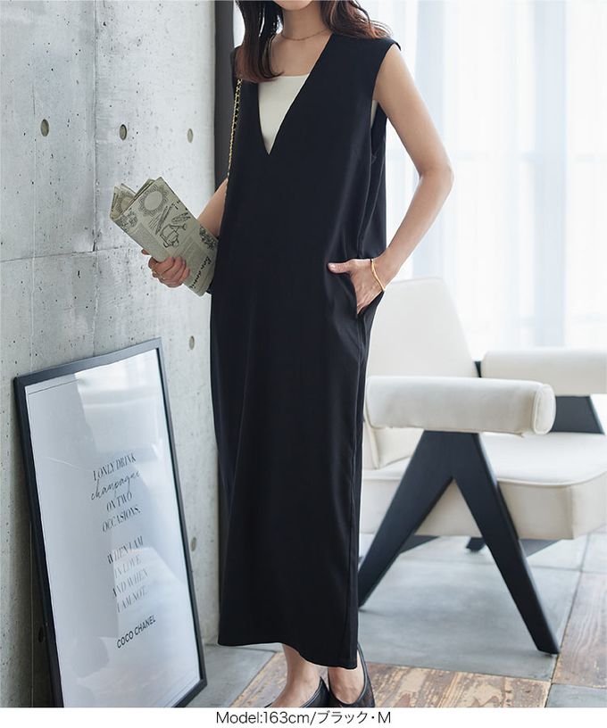 日本 Kobe Lettuce - 俐落精緻深V修長連身洋裝-(可選長度)-卡其