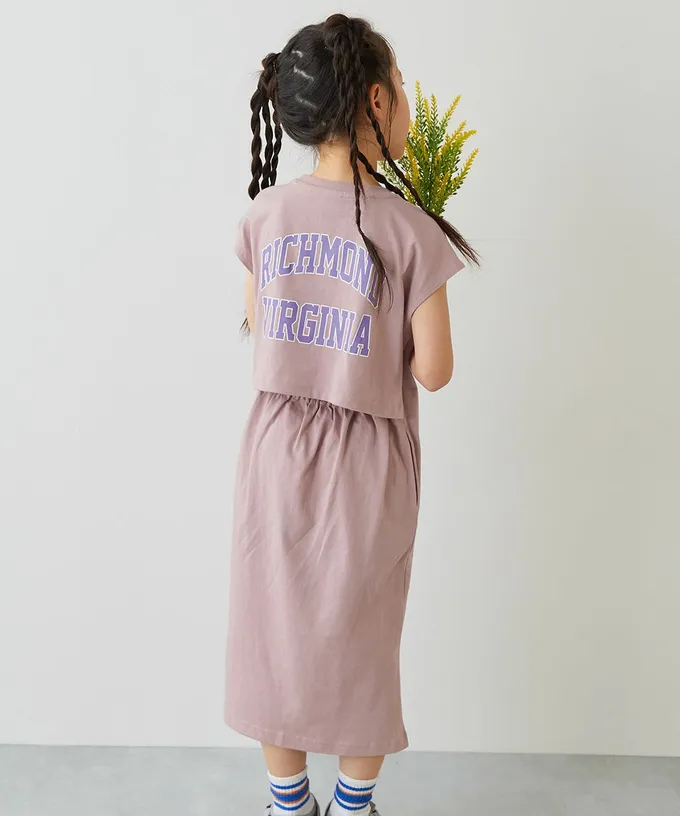 日本 devirock - 背後開口美式印花短袖洋裝-煙燻藍