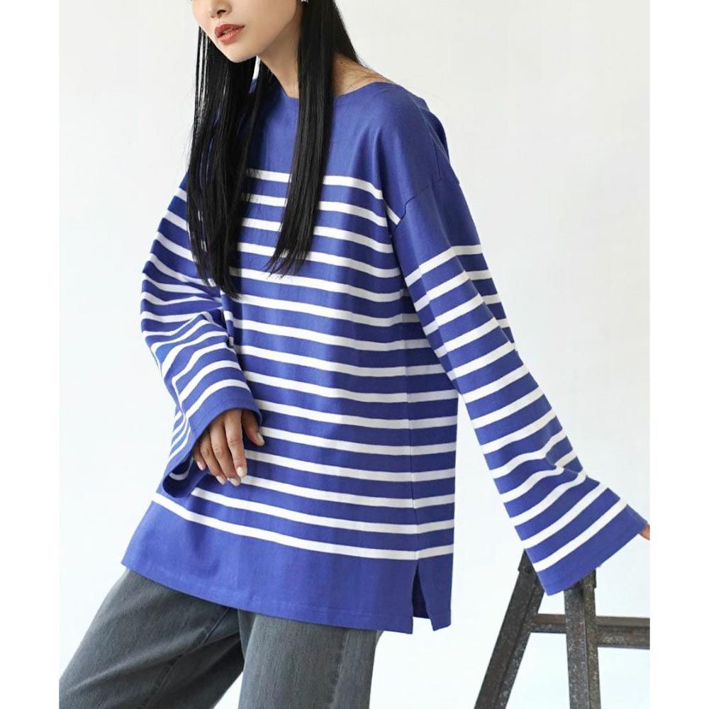 日本 zootie - 抗油污 慵懶感喇叭袖設計上衣-條紋-藍x白