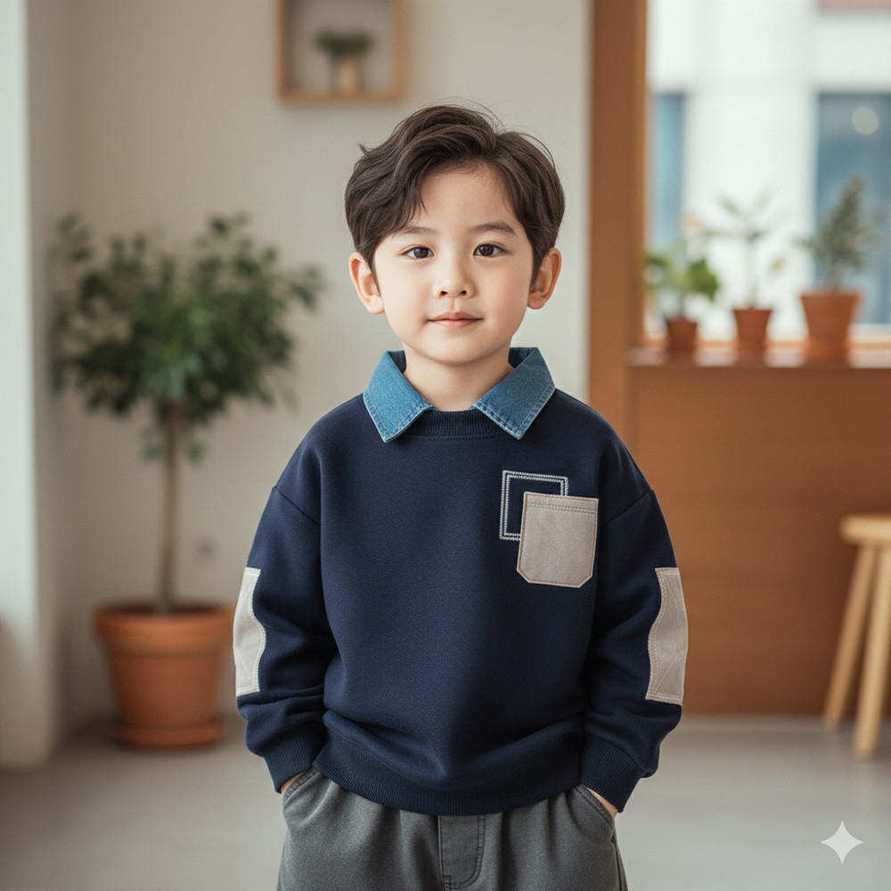 加絨可拆式翻領長袖上衣/大學T-帥氣補丁-藏青