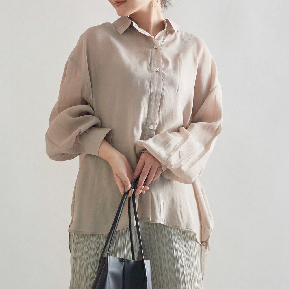 日本女裝代購 - 蝴蝶結綁帶露背薄透長袖襯衫-象牙白