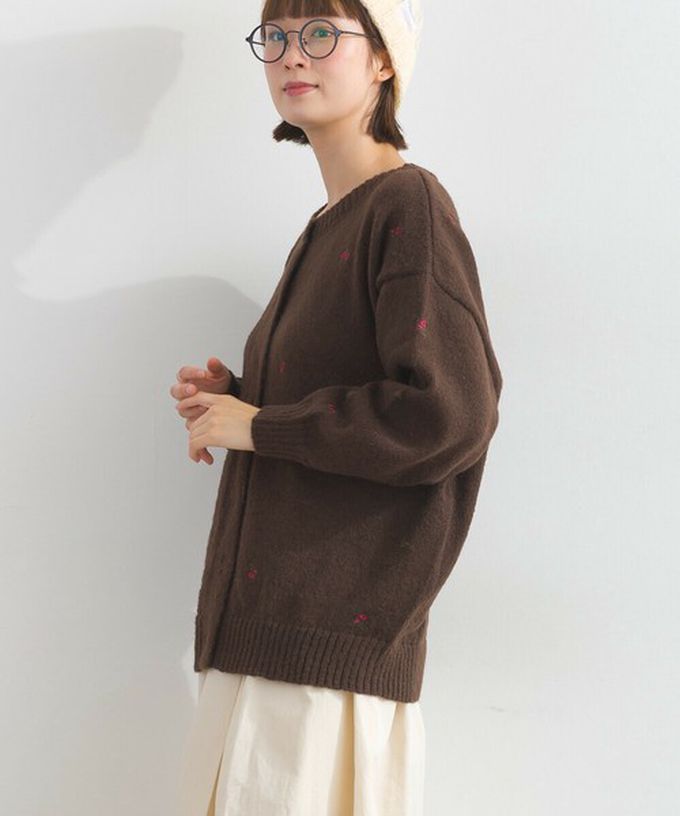 日本 Lupilien - 低調小花刺繡圓領開襟針織外套-深藍