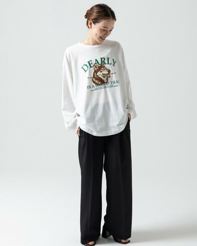 日本 gleam - 相良刺繡哈士奇印花帥氣長袖T恤-炭黑