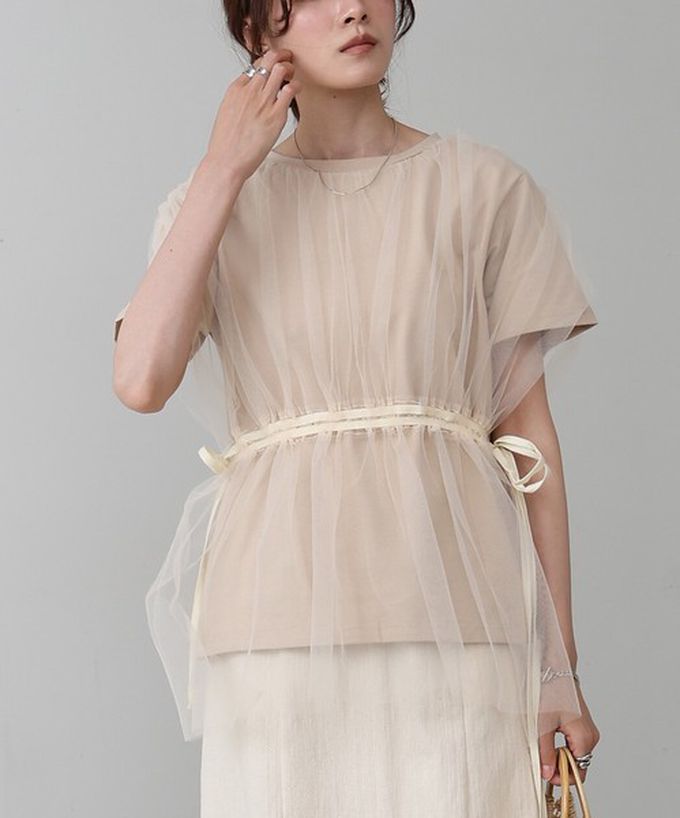 日本 Bab - 仙氣皺摺薄紗 腰綁帶短袖上衣-炭灰