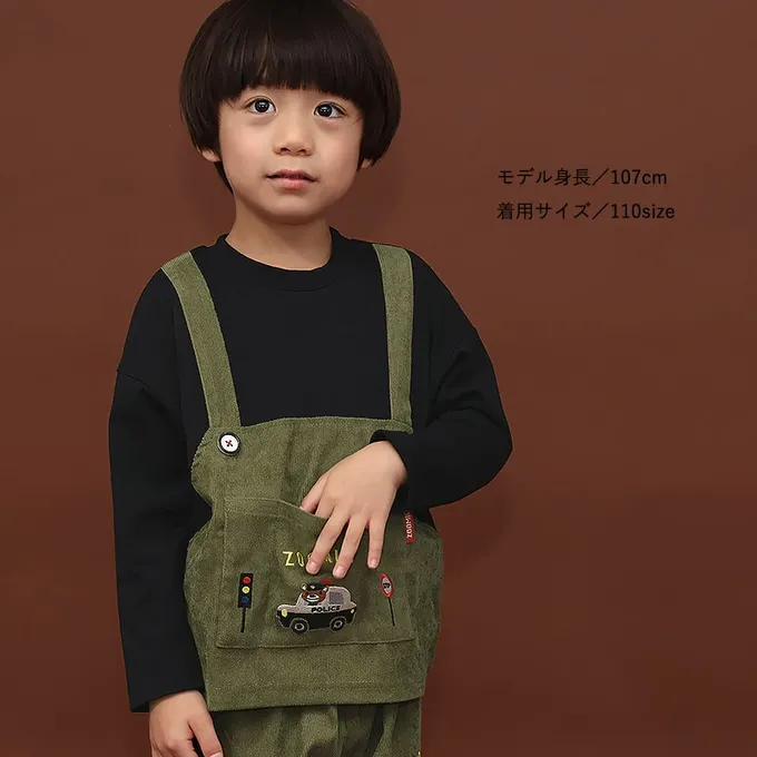 日本 ZOOLAND - 熊熊救援隊 燈芯絨吊帶拼接長袖上衣-警車-白X藍