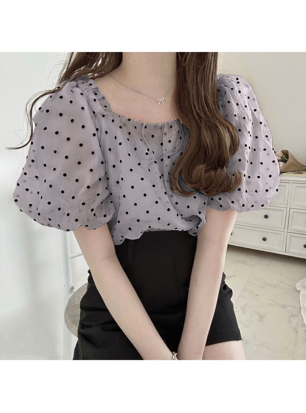 日本 GRL - 法式方領點點泡泡袖上衣-石墨灰 (M)