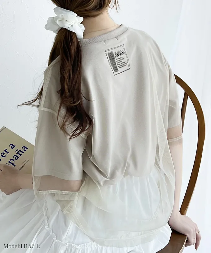 日本 Classical Elf - Java 薄紗層次酷甜五分袖上衣-米杏x象牙白紗