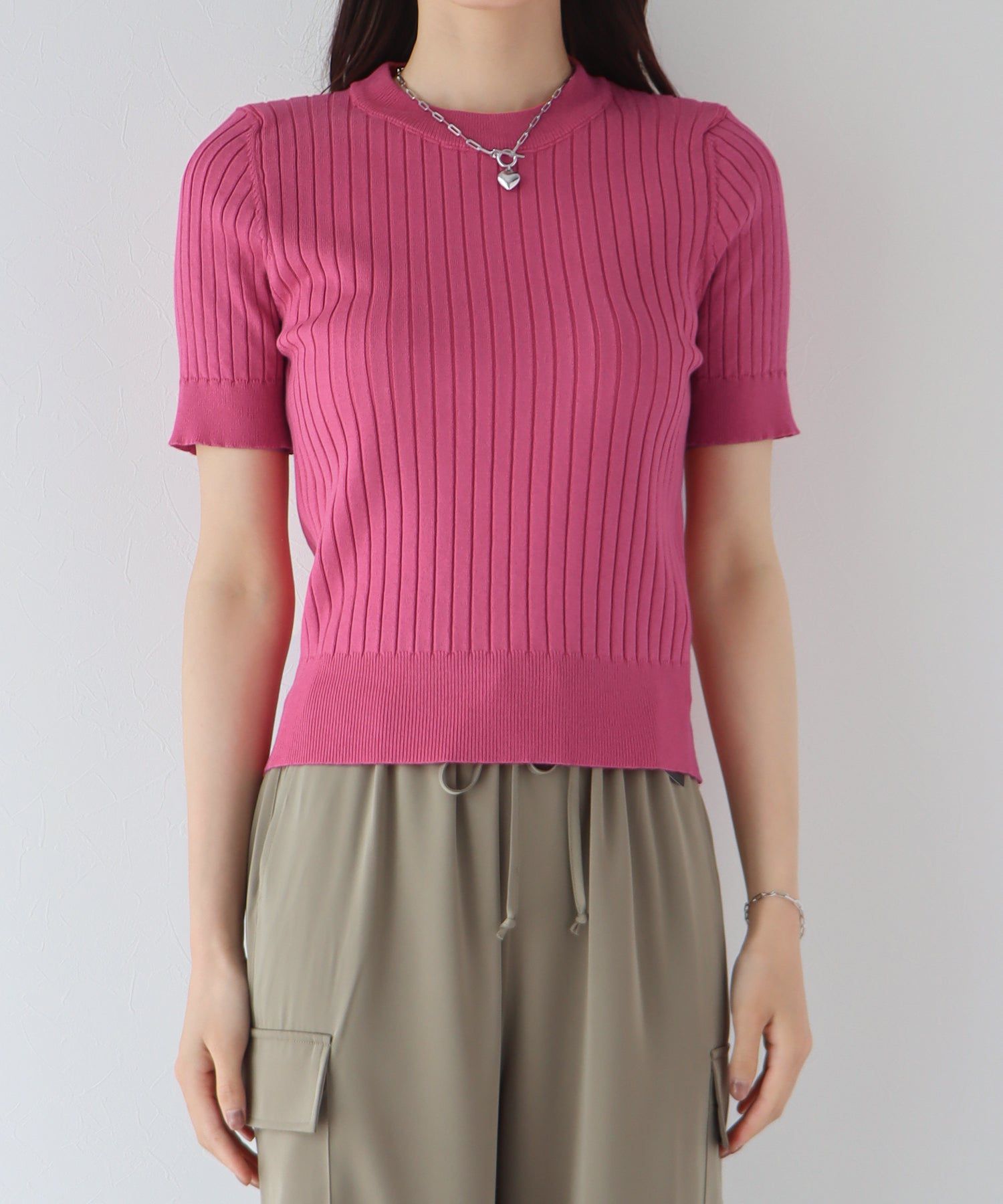 日本 BLUE EAST - 彈性寬羅紋薄針織短袖上衣-淺粉x白