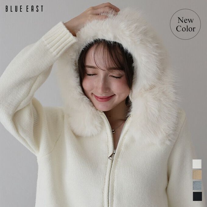 日本 BLUE EAST - 澎澎可愛毛絨帽雙拉鍊針織外套-黑