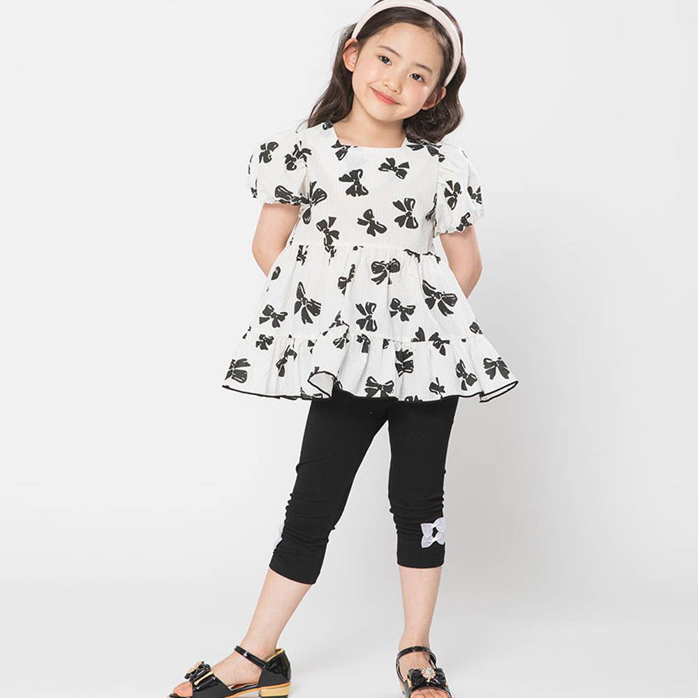 蝴蝶結印泡泡袖公主上衣X內搭褲套裝-白X黑