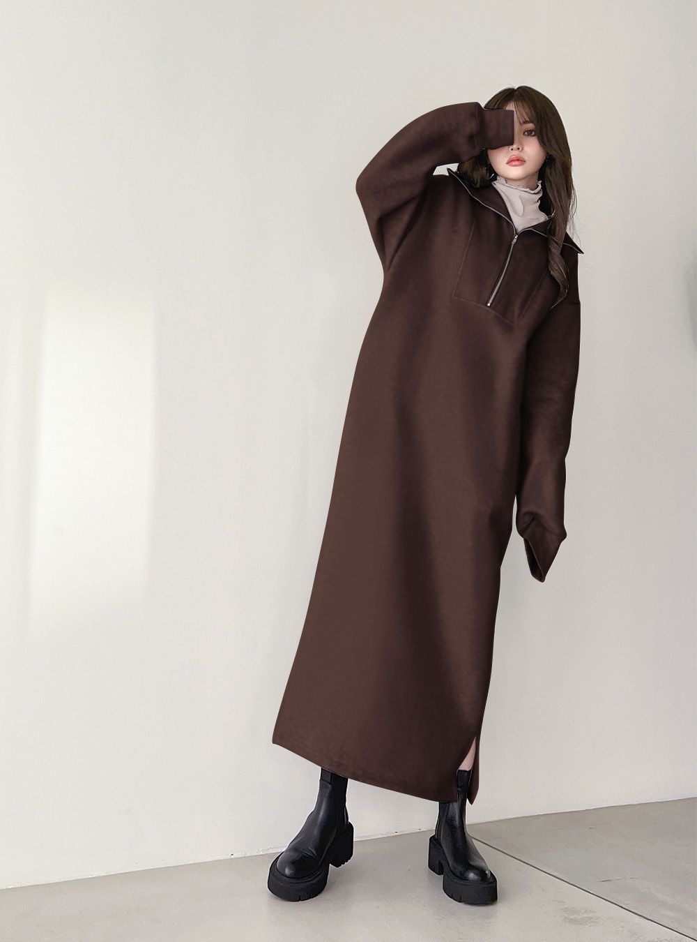 日本 GRL - 帥氣拉鍊翻領針織洋裝-可可