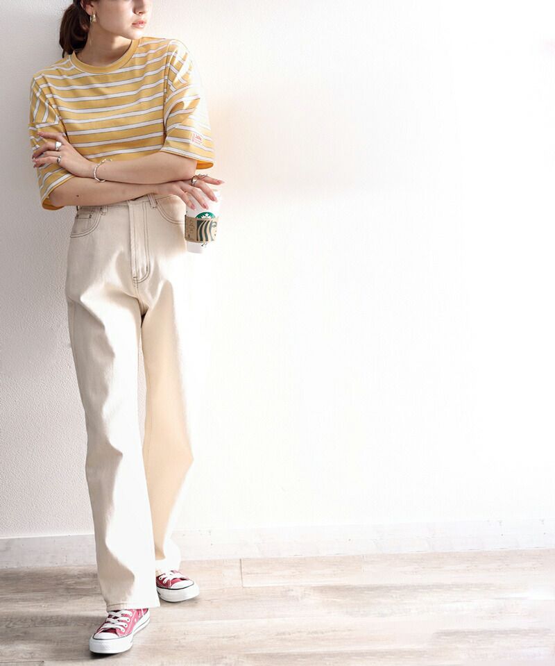 日本 Classical Elf - 圓領橫條紋落肩短袖上衣-淺卡其