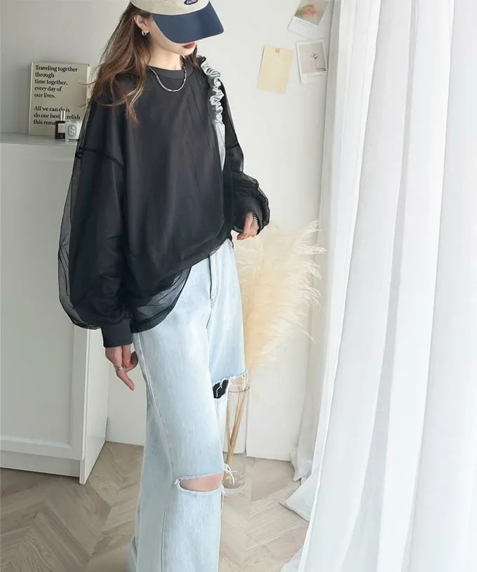 日本 Classical Elf - Java 透膚薄紗層次上衣-背後標籤印花-炭灰