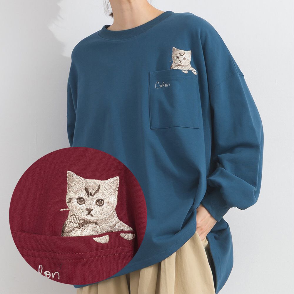 可愛貓咪探頭口袋裏毛長版T恤-土耳其藍