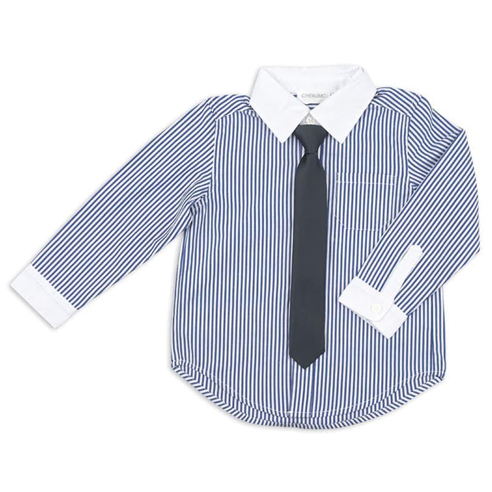 akachan honpo - 長袖襯衫-直條紋 附針織領帶-深藍色